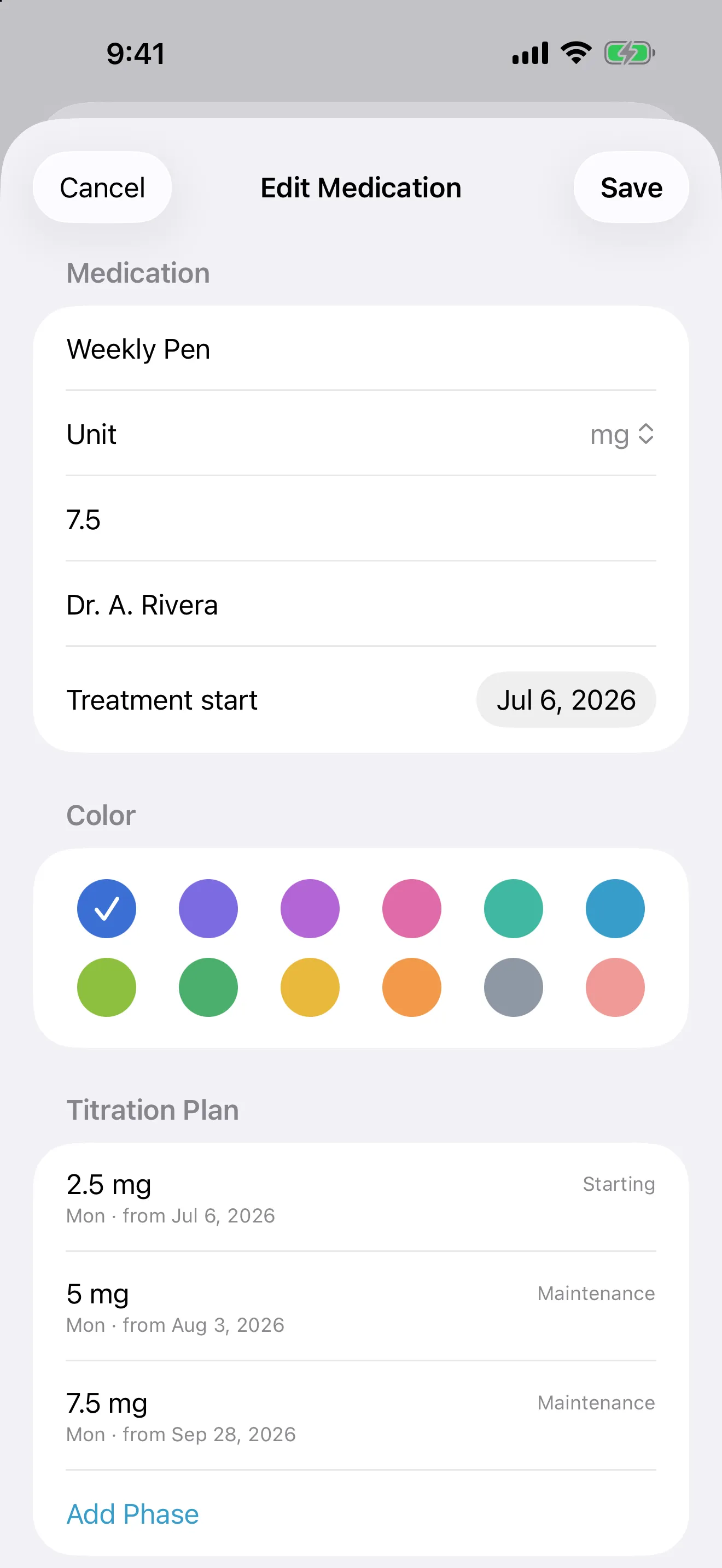Edit Medication for Weekly Pen, with a titration plan of three phases: 2.5 mg starting Jul 6, 5 mg from Aug 3 and 7.5 mg from Sep 28, 2026, and an Add Phase link below.